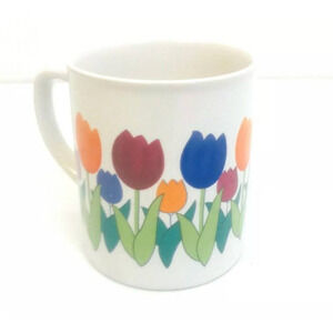 Vintage Coffee Mug Tulips Spring Flowers Cup Blue Red Green Yellow